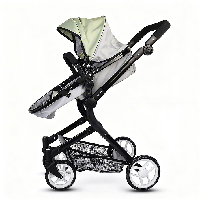 Коляская кукольная 9707 металлическая, прогулочная, с корзиной, серо-зеленая