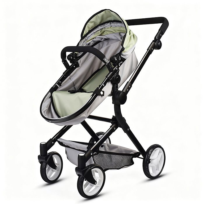 Коляская кукольная 9707 металлическая, прогулочная, с корзиной, серо-зеленая