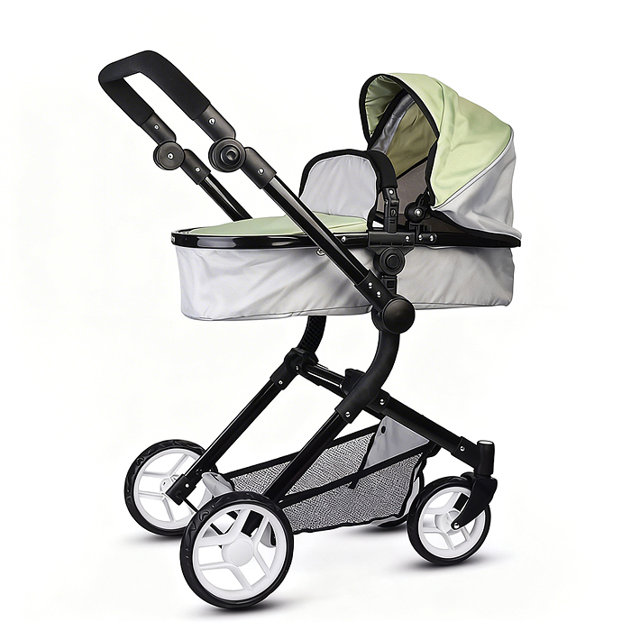 Коляская кукольная 9707 металлическая, прогулочная, с корзиной, серо-зеленая