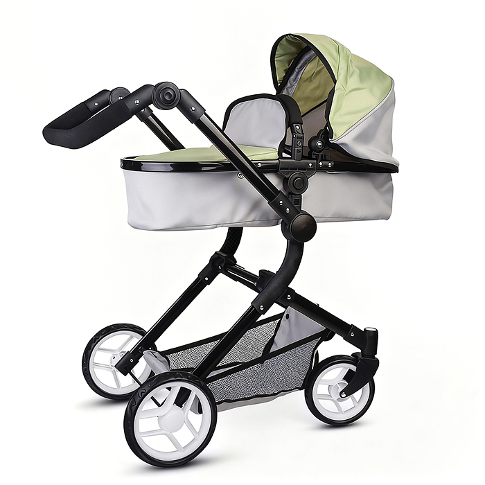 Коляская кукольная 9707 металлическая, прогулочная, с корзиной, серо-зеленая