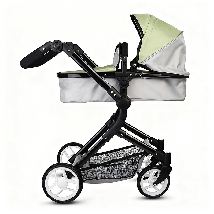 Коляская кукольная 9707 металлическая, прогулочная, с корзиной, серо-зеленая