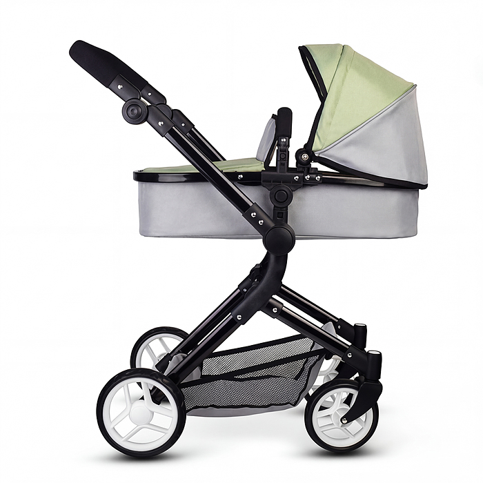Коляская кукольная 9707 металлическая, прогулочная, с корзиной, серо-зеленая