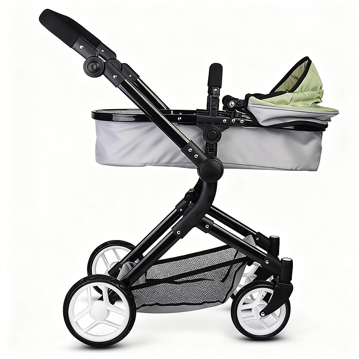 Коляская кукольная 9707 металлическая, прогулочная, с корзиной, серо-зеленая
