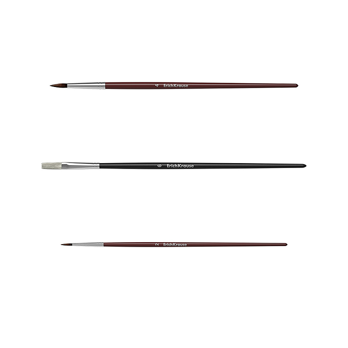 Кисти для акварели и гуаши, пони и щетина, 3 штуки, (в полибеге с европодвесом)