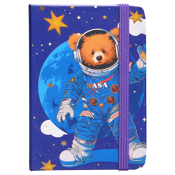 Блокнот А7 80л. "Медведь в космосе" в линейку в твердом переплете, на резинке, 77г/м2, цвет