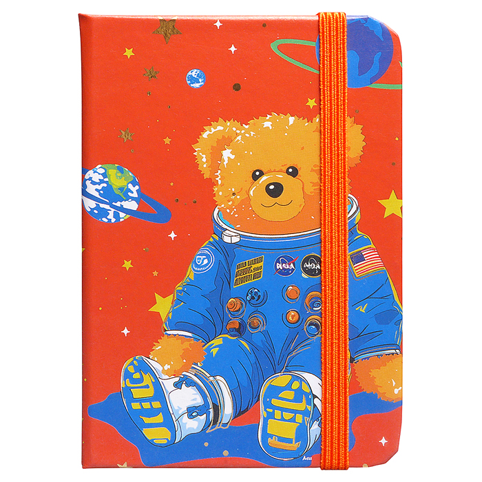 Блокнот А7 80л. "Медведь в космосе" в линейку в твердом переплете, на резинке, 77г/м2, цвет