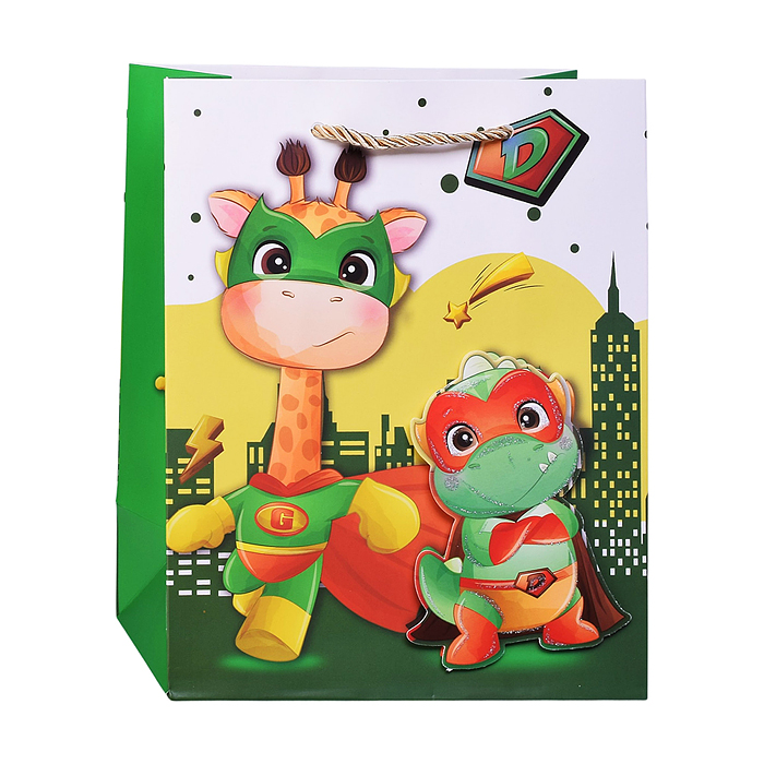 Пакет подарочный с маточной ламинацией и глиттером 3Dэл. 18х23х10 см (М) Супер друзья, 210 г 