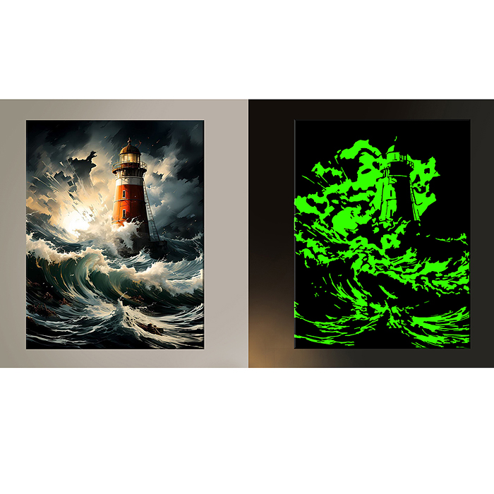 Картина по номерам 30х40 "Маяк в бушующем море" черный холст светящаяся краска 15 цветов