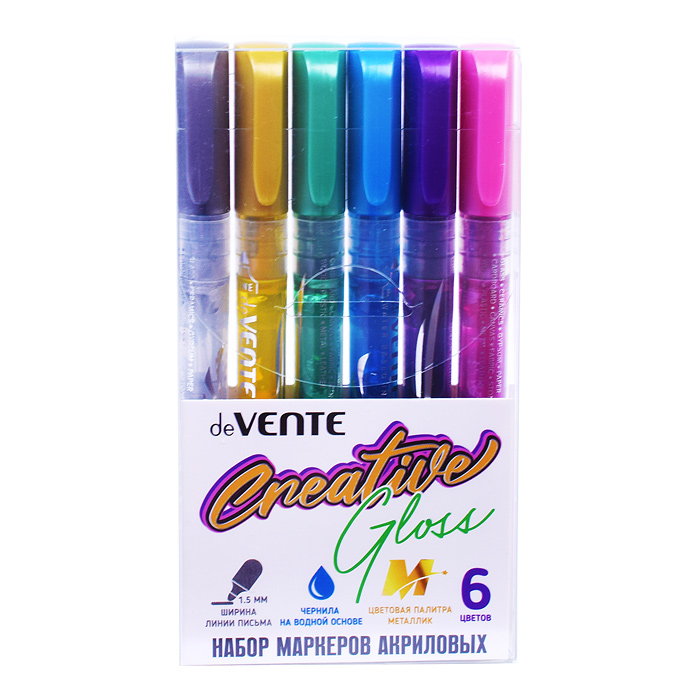 Набор маркеров акриловых 6 цв. METALLIC, круглый корпус, пулевидный наконечник, ширин