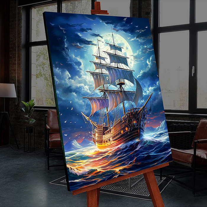 Картина по номерам 40х50 "Парусник в полнолуние" со светящейся краской (26 цв.)