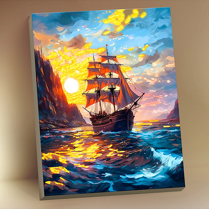 Картина по номерам 40х50 "Парусник на закате" с поталью золото 26 цветов