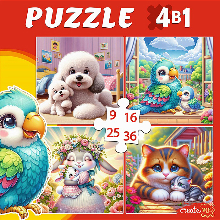 Пазлы 4 в 1 "Домашние зверушки" (9,16, 25, 36 эл.) 