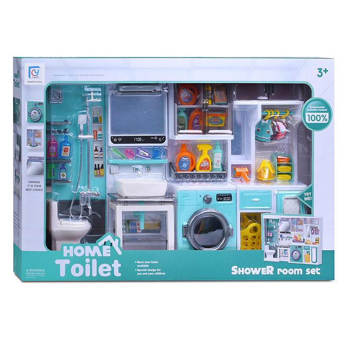 Набор мебели для кукол 818-366 "Прачечная с душевой" на батарейках, зеленая, в коробке