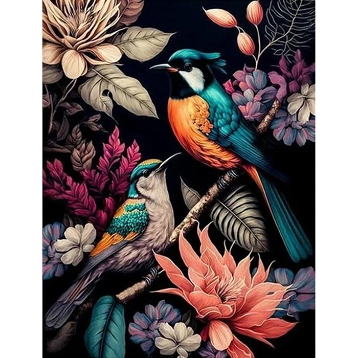 Картина по номерам 40х50 "Райские птицы" черный холст с поталью 28 цветов