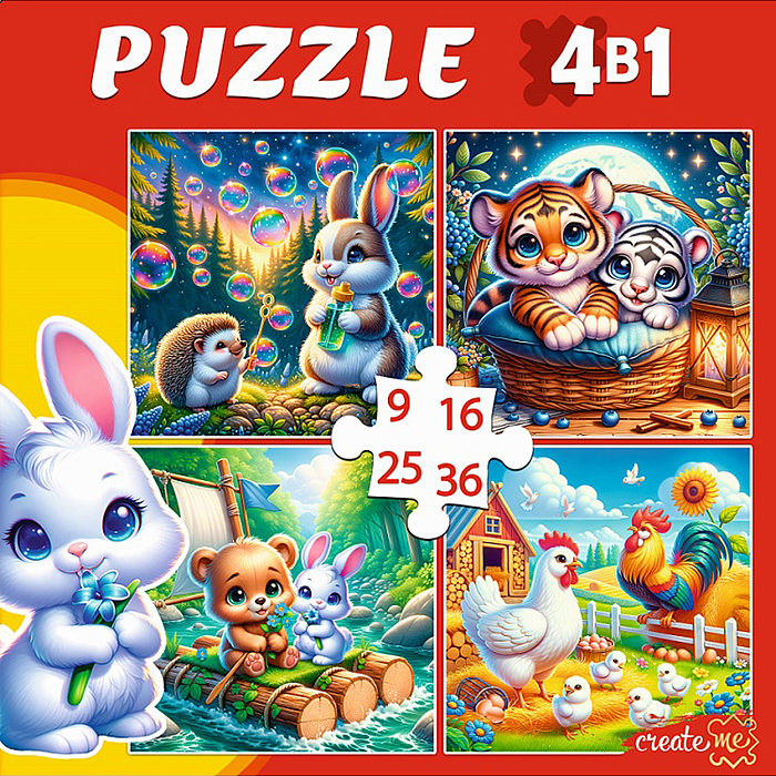 Пазлы 4 в 1 "Добрые зверята" (9,16, 25, 36 эл.) 