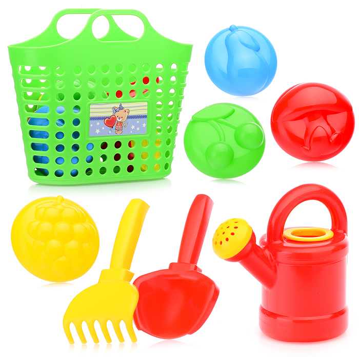 Песочный набор в корзинке "Садовый " ( 4 формочки, совок, грабли, леечка )