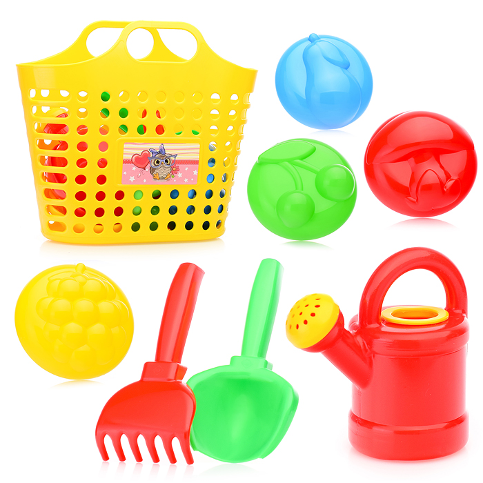Песочный набор в корзинке "Садовый " ( 4 формочки, совок, грабли, леечка )