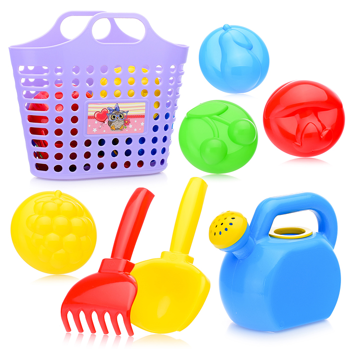 Песочный набор в корзинке "Садовый " ( 4 формочки, совок, грабли, леечка )