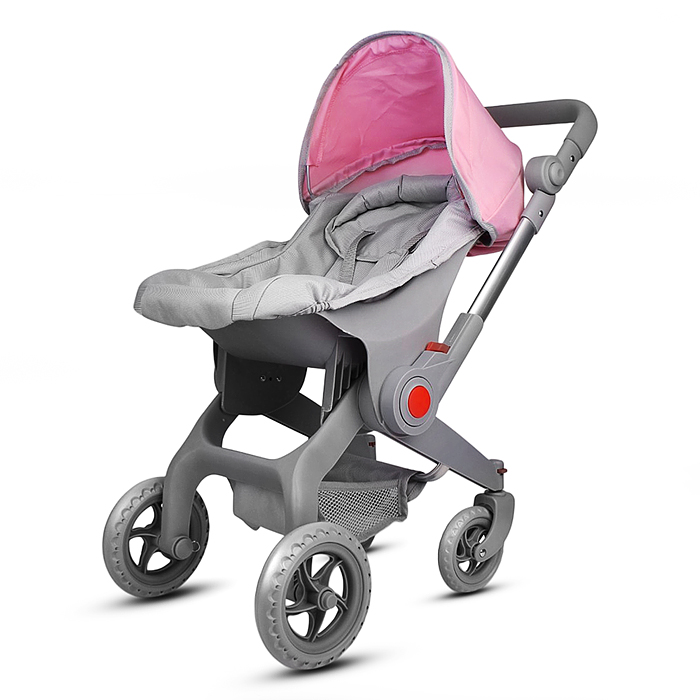 Коляская кукольная 9706 металлическая, с корзиной и козырьком, цвет серо-розовая