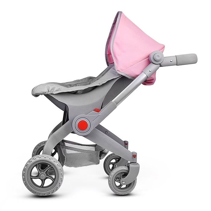 Коляская кукольная 9706 металлическая, с корзиной и козырьком, цвет серо-розовая
