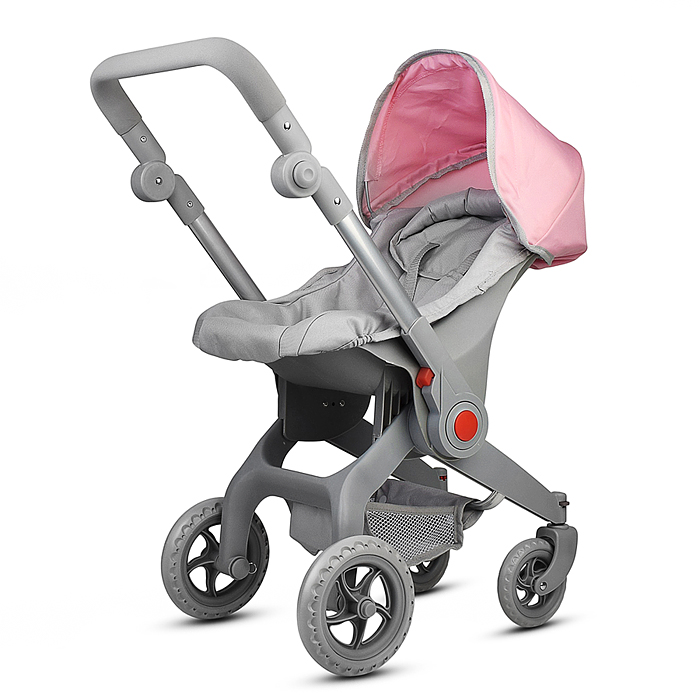 Коляская кукольная 9706 металлическая, с корзиной и козырьком, цвет серо-розовая