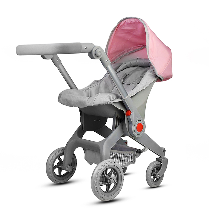 Коляская кукольная 9706 металлическая, с корзиной и козырьком, цвет серо-розовая