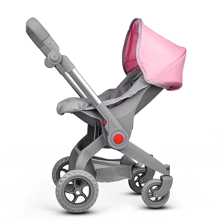 Коляская кукольная 9706 металлическая, с корзиной и козырьком, цвет серо-розовая