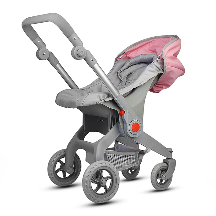 Коляская кукольная 9706 металлическая, с корзиной и козырьком, цвет серо-розовая