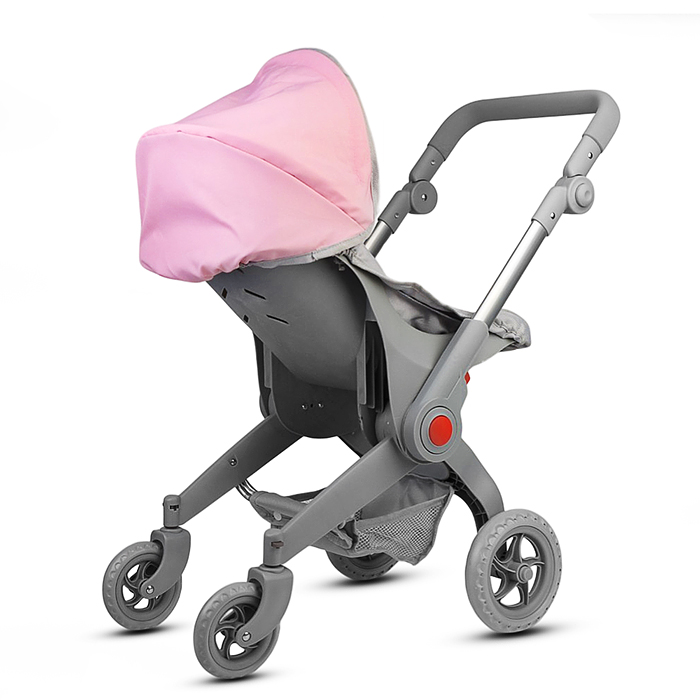 Коляская кукольная 9706 металлическая, с корзиной и козырьком, цвет серо-розовая