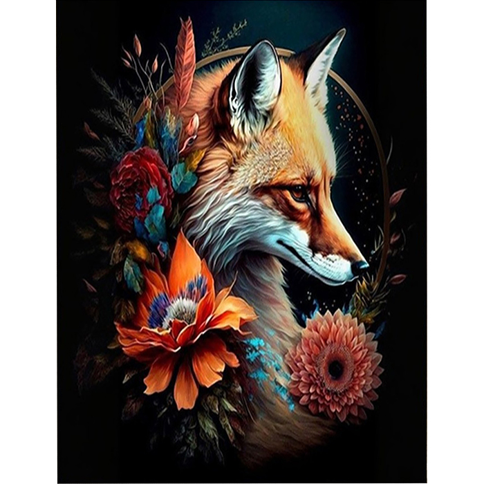 Картина по номерам 40х50 "Лиса в цветах" черный холст с поталью 24 цвета