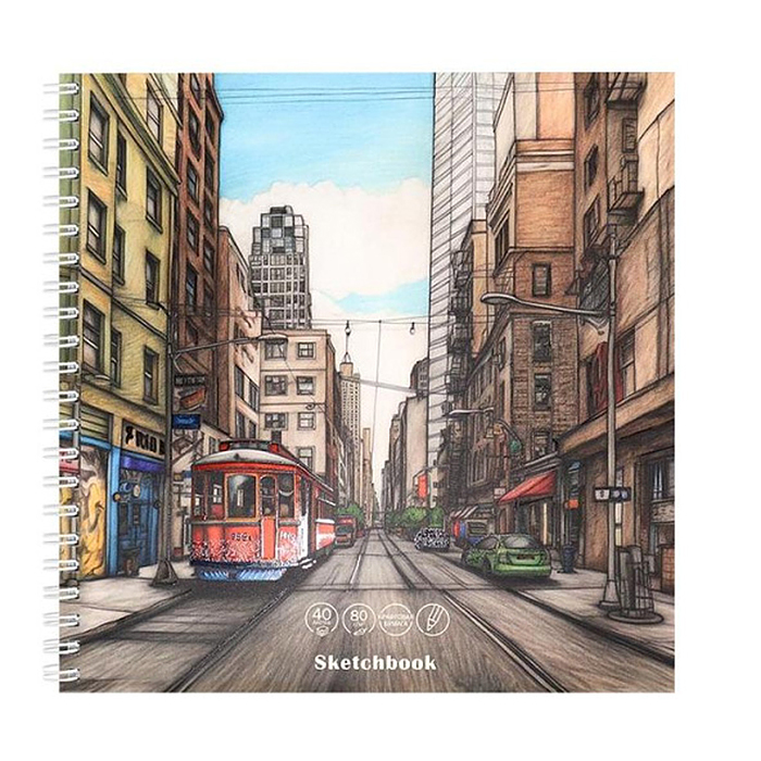 Скетчбук 40л. "Городской проспект" греб. сбоку,обл. мел. кар, бл-крафт, мат.л,выб.л, 190х190