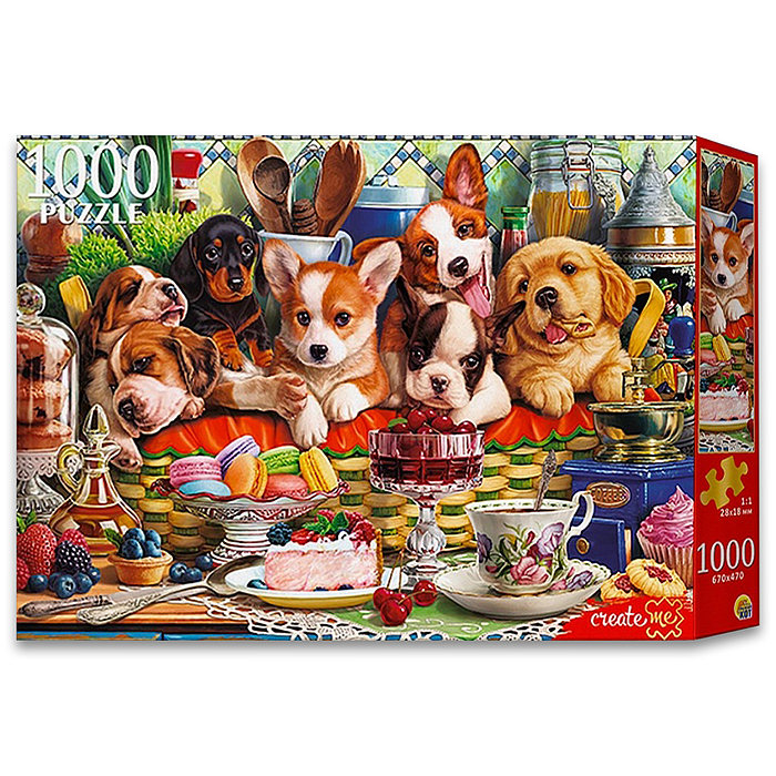 Пазлы 1000 "Щенки в корзине"