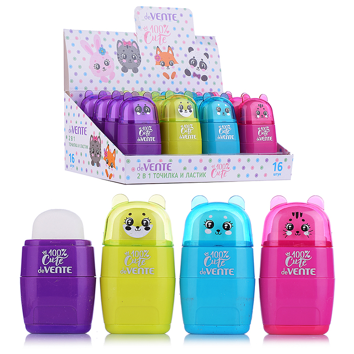 Точилка и ластик 2 в 1 "Сute" 2 отверстия, пластиковая цветная с контейнером, ластик белый