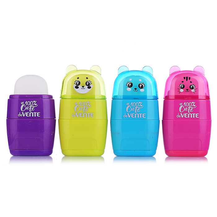 Точилка и ластик 2 в 1 "Сute" 2 отверстия, пластиковая цветная с контейнером, ластик белый