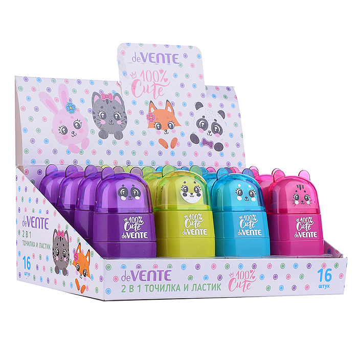 Точилка и ластик 2 в 1 "Сute" 2 отверстия, пластиковая цветная с контейнером, ластик белый