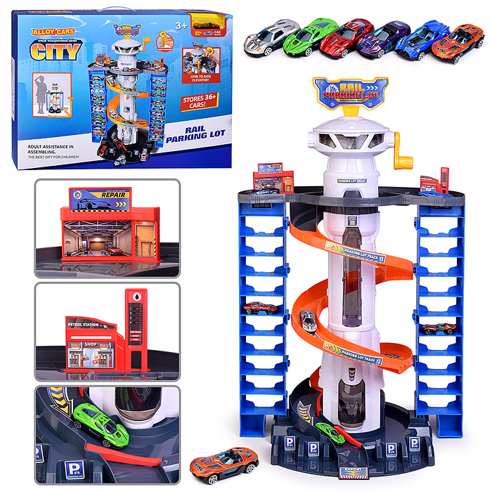 Парковка 69951B "Мега-паркинг" 6 металлических машин в наборе, (свет, звук) в коробке