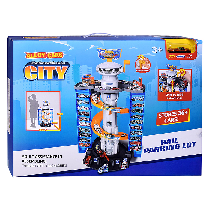 Парковка 69951B "Мега-паркинг" 6 металлических машин в наборе, (свет, звук) в коробке