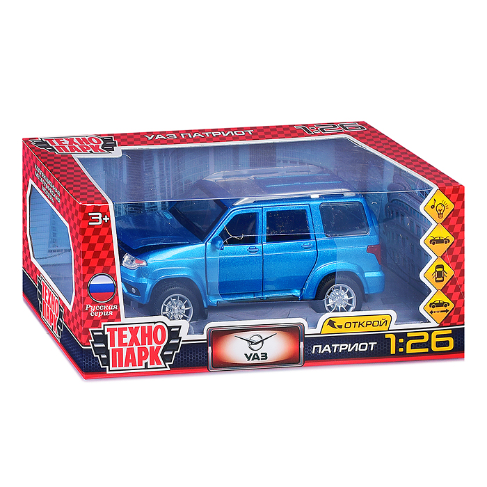 Машина металл UAZ Патриот 17,8 см, (двери, свет-звук, инерция, син,) в коробке