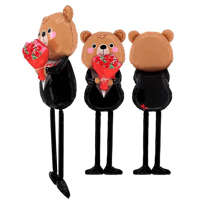 Шар 3D (64''/163 см) Ходячая Фигура, Мишка с букетом роз, 1 шт. в уп.