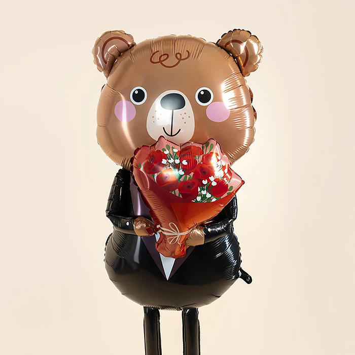 Шар 3D (64''/163 см) Ходячая Фигура, Мишка с букетом роз, 1 шт. в уп.