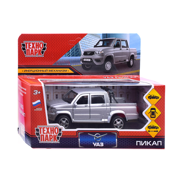 Машина металл. "УАЗ пикап" 12 см, двери, багаж, инерц, серебристый