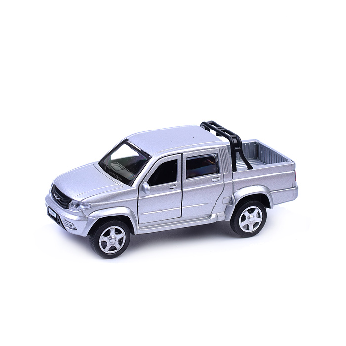Машина металл. "УАЗ пикап" 12 см, двери, багаж, инерц, серебристый