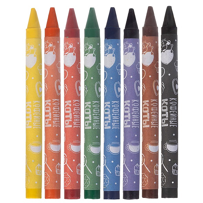 Мелки восковые 8цв. "Кофейные коты" круглый корпус диаметр 9мм в картонной коробке