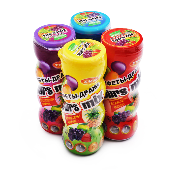 Конфеты-драже "Sours mix" со вкусом лимона, клубники и черники 12г 20шт