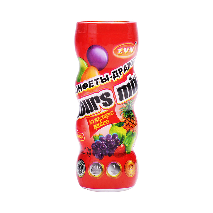 Конфеты-драже "Sours mix" со вкусом лимона, клубники и черники 12г 20шт