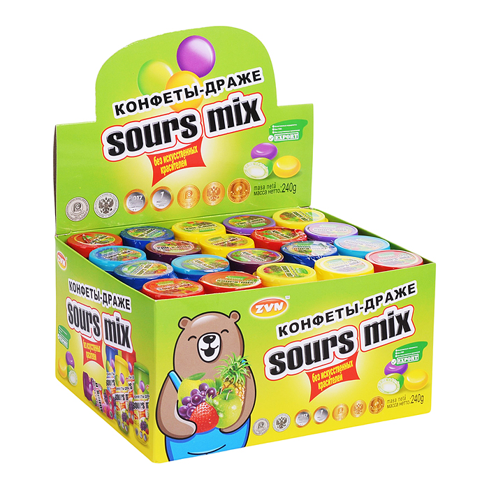 Конфеты-драже "Sours mix" со вкусом лимона, клубники и черники 12г 20шт