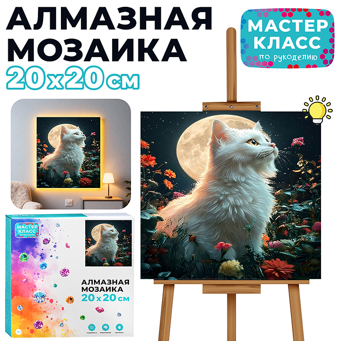 Мозаика алмазная MKA2020-92 "Белая кошечка" (светится в темноте) 20*20 см.