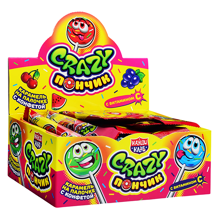 Фото к товару Карамель на палочке с конфетой "Crazy Пончик" ассорти 10г 30шт Карамель на палочке с конфетой "Crazy Пончик" ассорти 10г 30шт