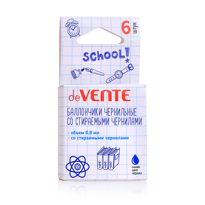 Набор баллончиков для перьевых ручек "School" со стираемыми чернилами, 06 шт, объем 0,8 мл, синие