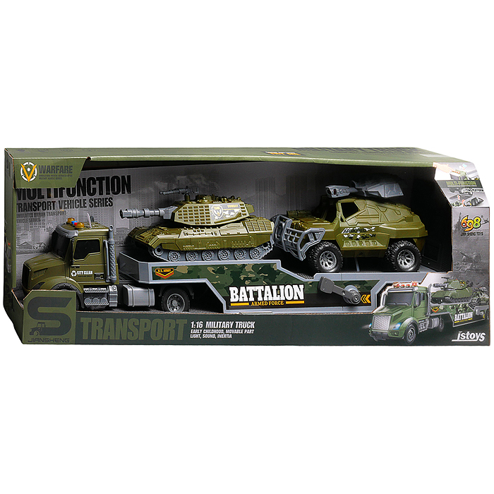 Машина JS203ES "Военный перевозчик" с танком 1:16 (свет, звук) в коробке